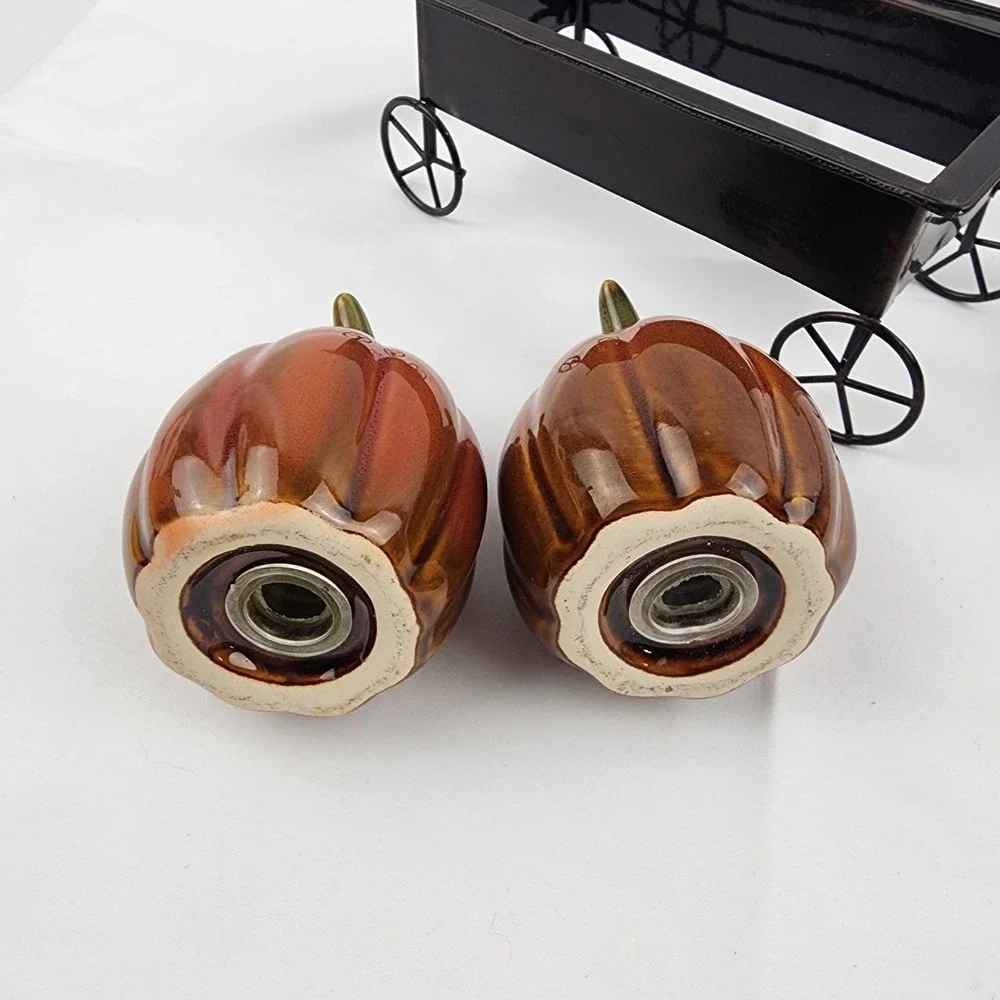 Pumpkin Shaped Salt and Pepper Shaker Set in a Wagon‎ Holder Fall Thanksgiving